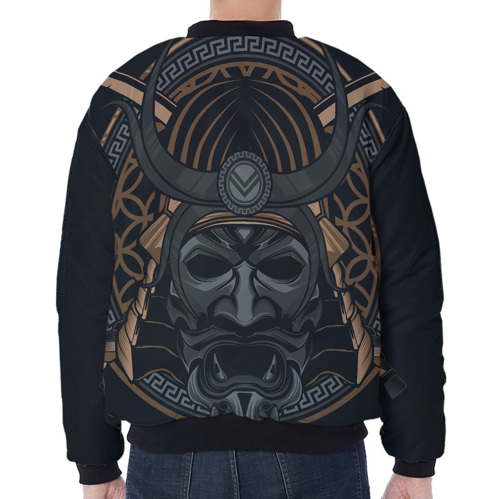 Black Samurai Mask Print Zip Sleeve Bomber Jacket