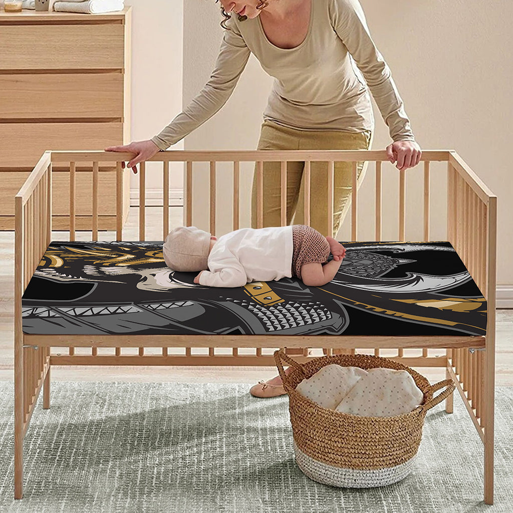 Black Samurai Skull Print Baby Crib Sheet