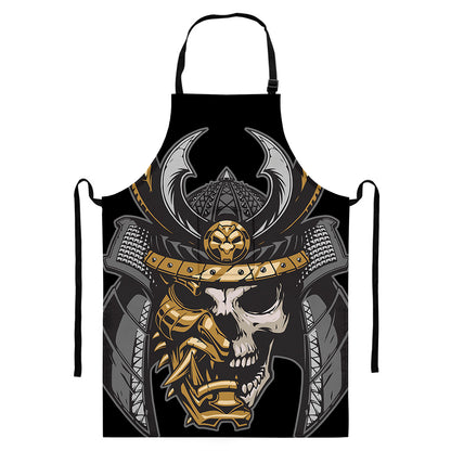 Black Samurai Skull Print Bib Apron With Pocket