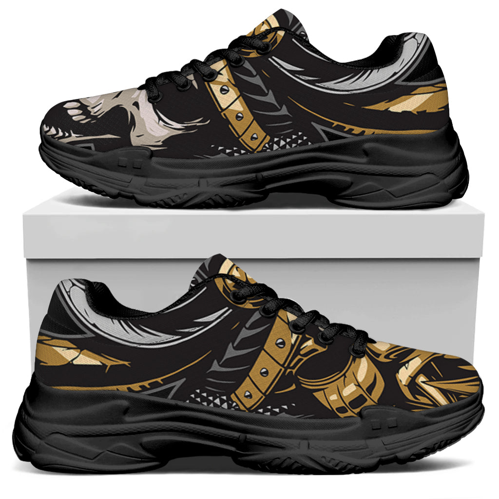 Black Samurai Skull Print Black Chunky Shoes