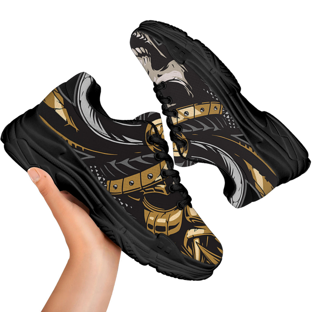 Black Samurai Skull Print Black Chunky Shoes