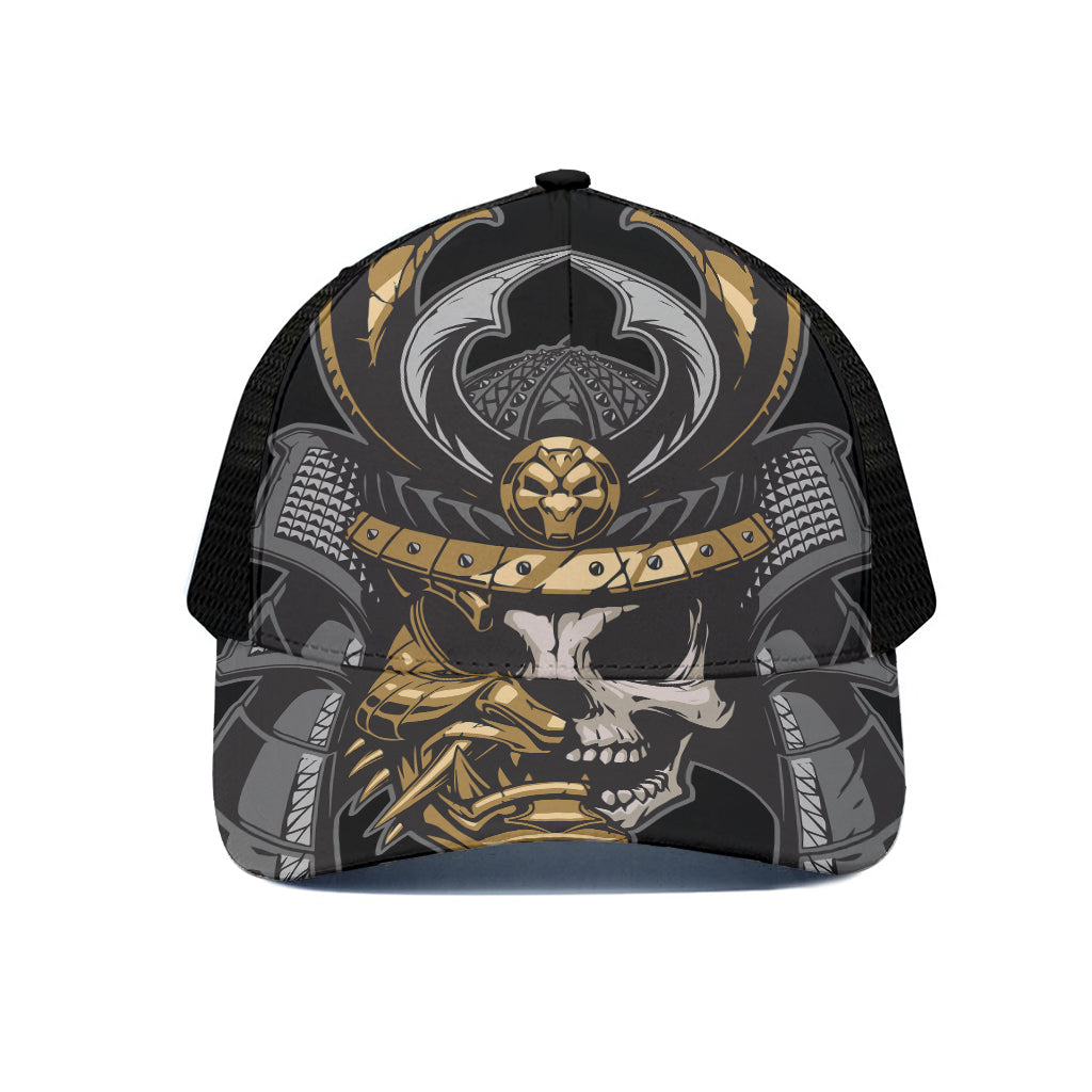 Black Samurai Skull Print Black Mesh Trucker Cap