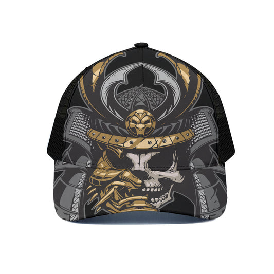 Black Samurai Skull Print Black Mesh Trucker Cap