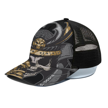 Black Samurai Skull Print Black Mesh Trucker Cap