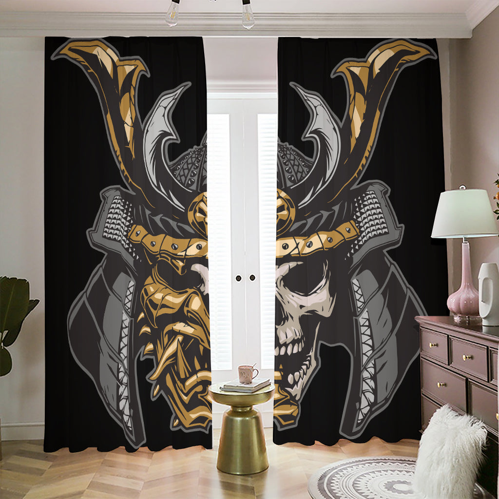 Black Samurai Skull Print Blackout Pencil Pleat Curtains