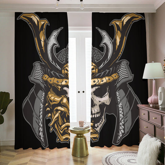 Black Samurai Skull Print Blackout Pencil Pleat Curtains
