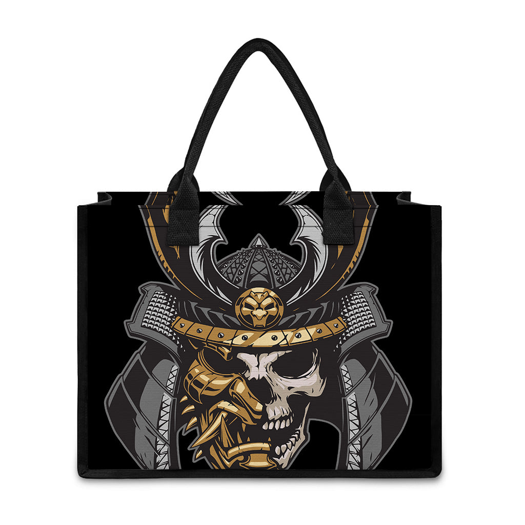 Black Samurai Skull Print Canvas Tote Bag