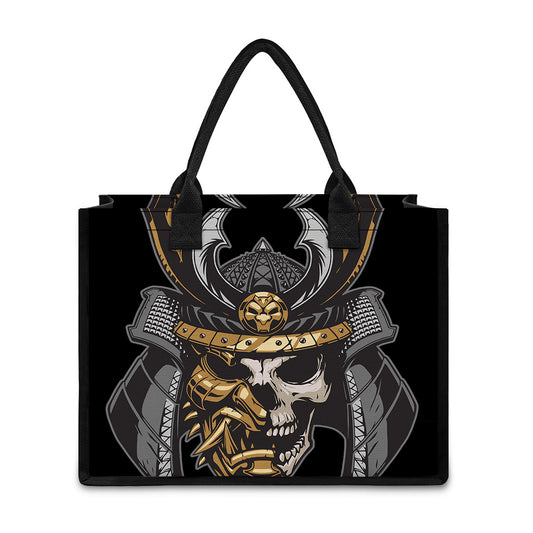 Black Samurai Skull Print Canvas Tote Bag