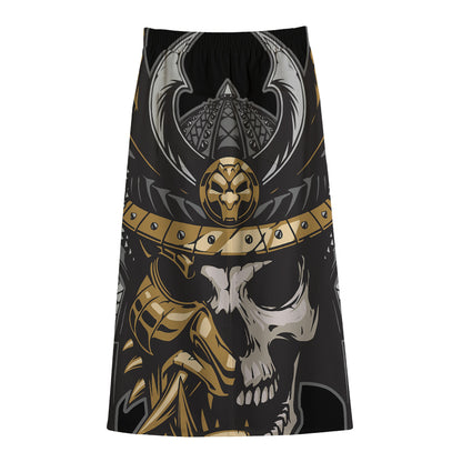 Black Samurai Skull Print Cotton Front Slit Maxi Skirt