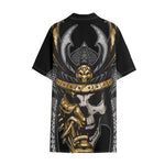 Black Samurai Skull Print Cotton Hawaiian Shirt