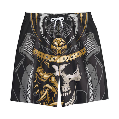 Black Samurai Skull Print Cotton Shorts