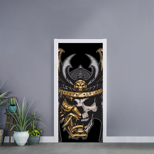 Black Samurai Skull Print Door Sticker