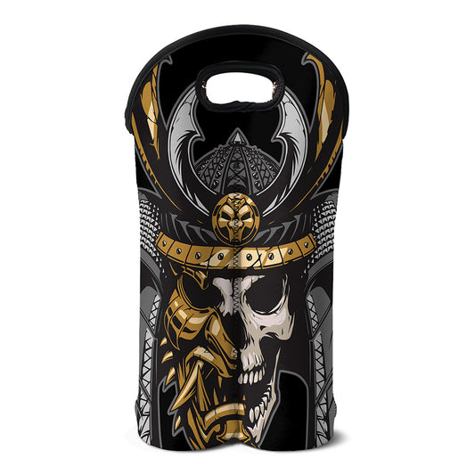 Black Samurai Skull Print Double Neoprene Wine Tote