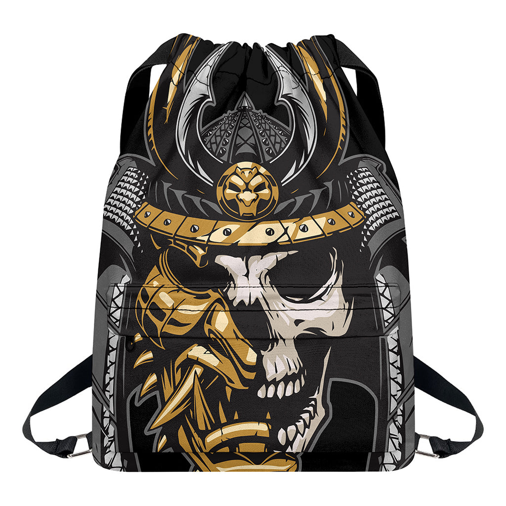 Black Samurai Skull Print Drawstring Backpack