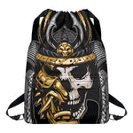 Black Samurai Skull Print Drawstring Backpack