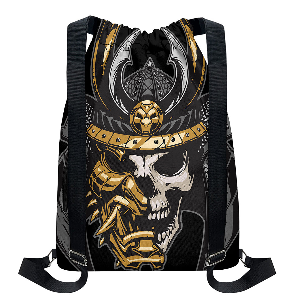 Black Samurai Skull Print Drawstring Backpack