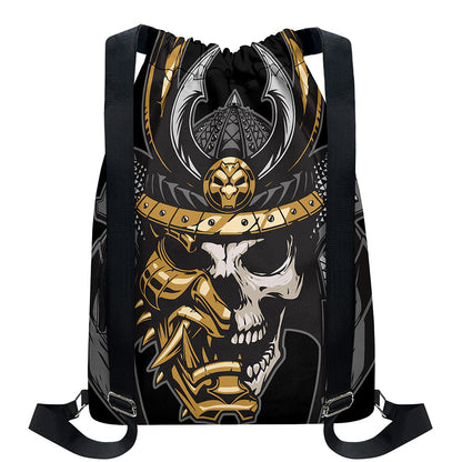 Black Samurai Skull Print Drawstring Backpack