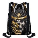 Black Samurai Skull Print Drawstring Backpack