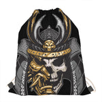 Black Samurai Skull Print Drawstring Bag