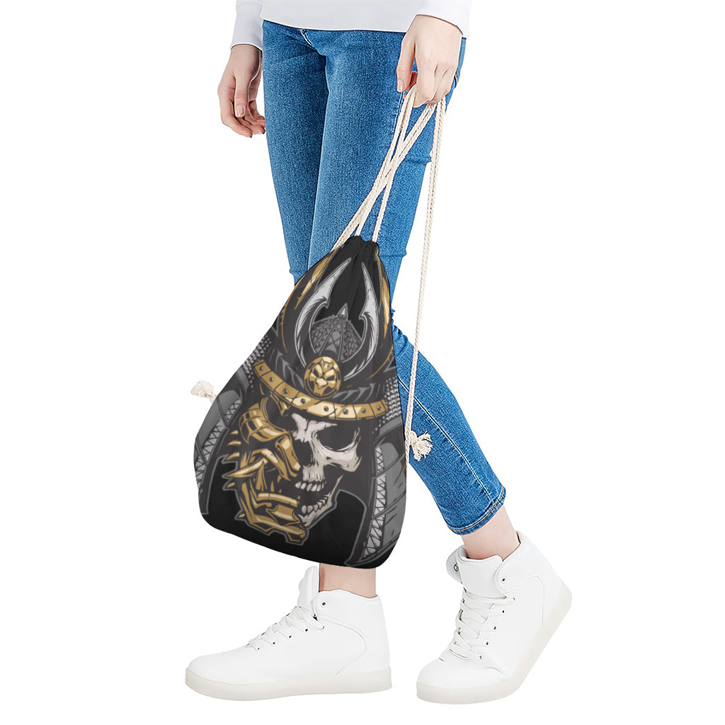 Black Samurai Skull Print Drawstring Bag