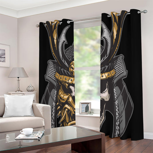 Black Samurai Skull Print Extra Wide Grommet Curtains