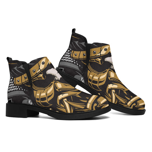 Black Samurai Skull Print Flat Ankle Boots