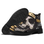 Black Samurai Skull Print Flat Ankle Boots