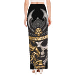 Black Samurai Skull Print High Slit Maxi Skirt