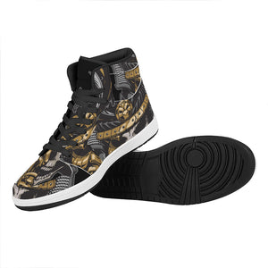 Black Samurai Skull Print High Top Leather Sneakers