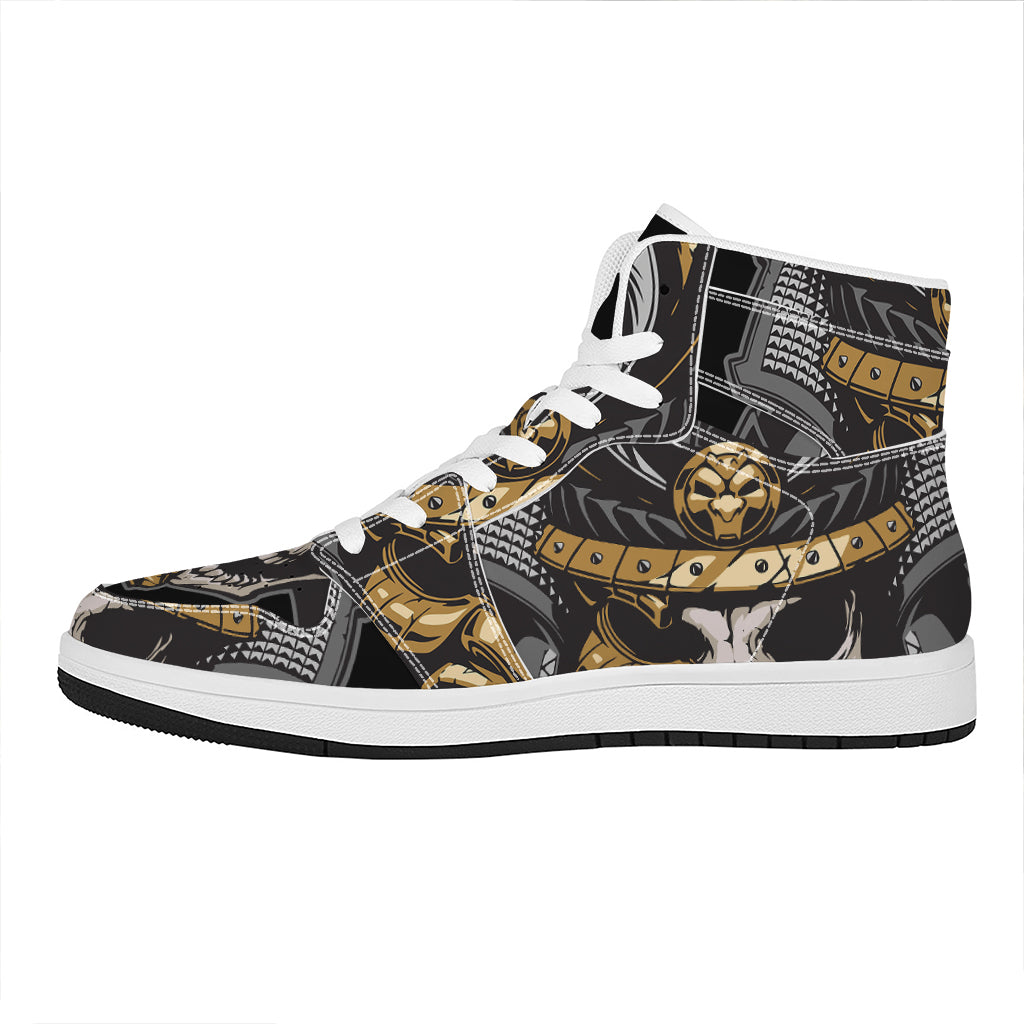 Black Samurai Skull Print High Top Leather Sneakers