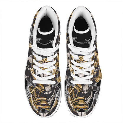 Black Samurai Skull Print High Top Leather Sneakers