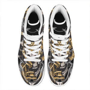 Black Samurai Skull Print High Top Leather Sneakers