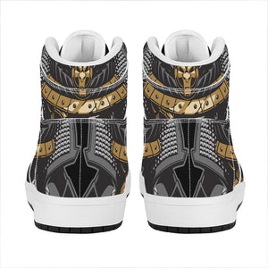 Black Samurai Skull Print High Top Leather Sneakers