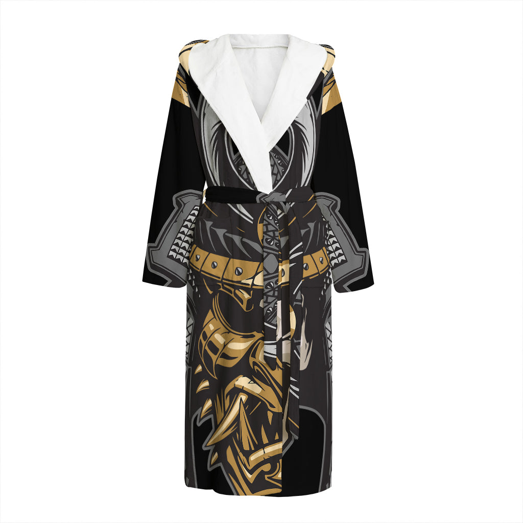 Black Samurai Skull Print Hooded Bathrobe