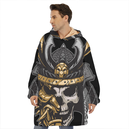 Black Samurai Skull Print Hoodie Blanket
