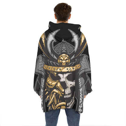 Black Samurai Skull Print Hoodie Blanket