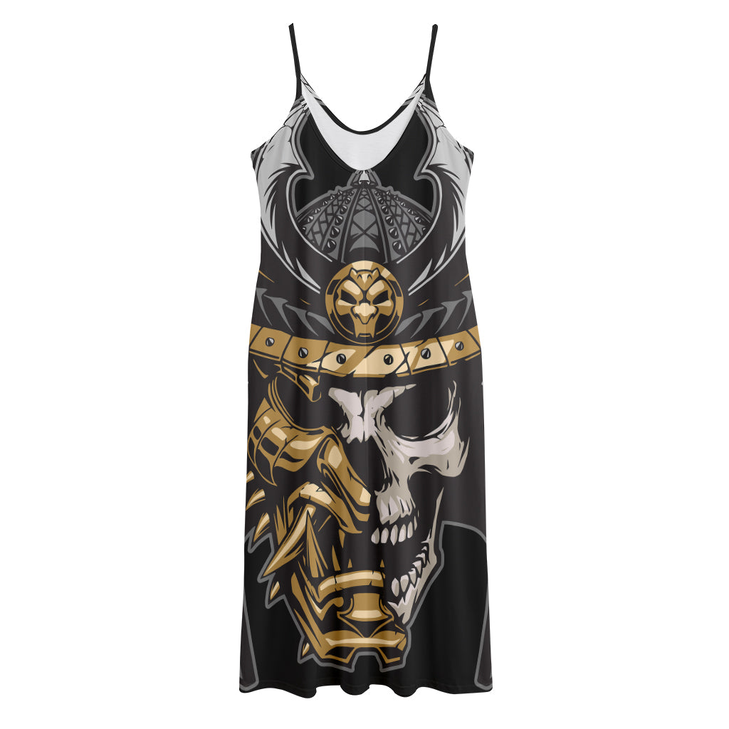 Black Samurai Skull Print Jersey Midi Cami Dress