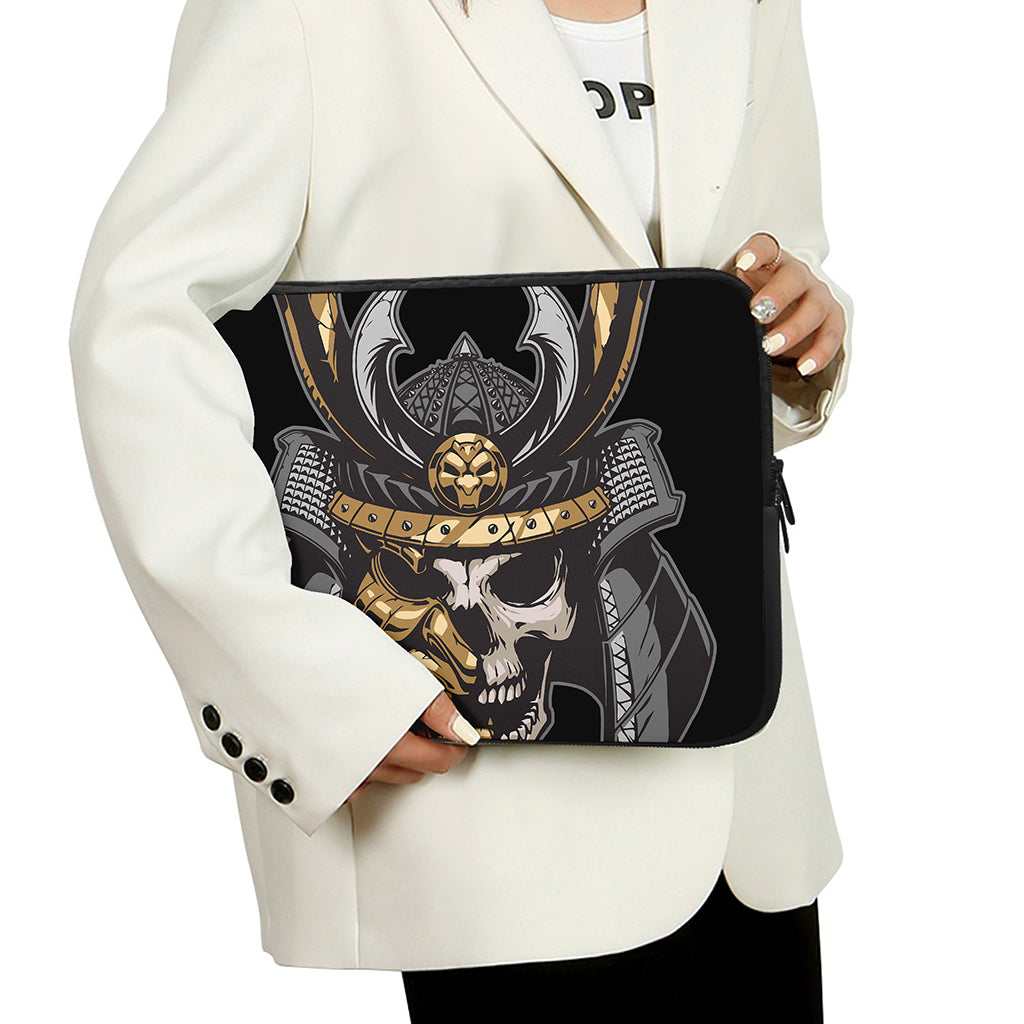Black Samurai Skull Print Laptop Sleeve