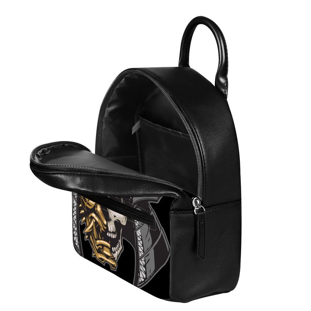 Black Samurai Skull Print Leather Backpack