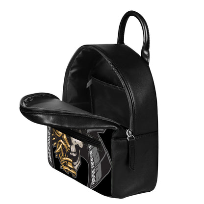 Black Samurai Skull Print Leather Backpack