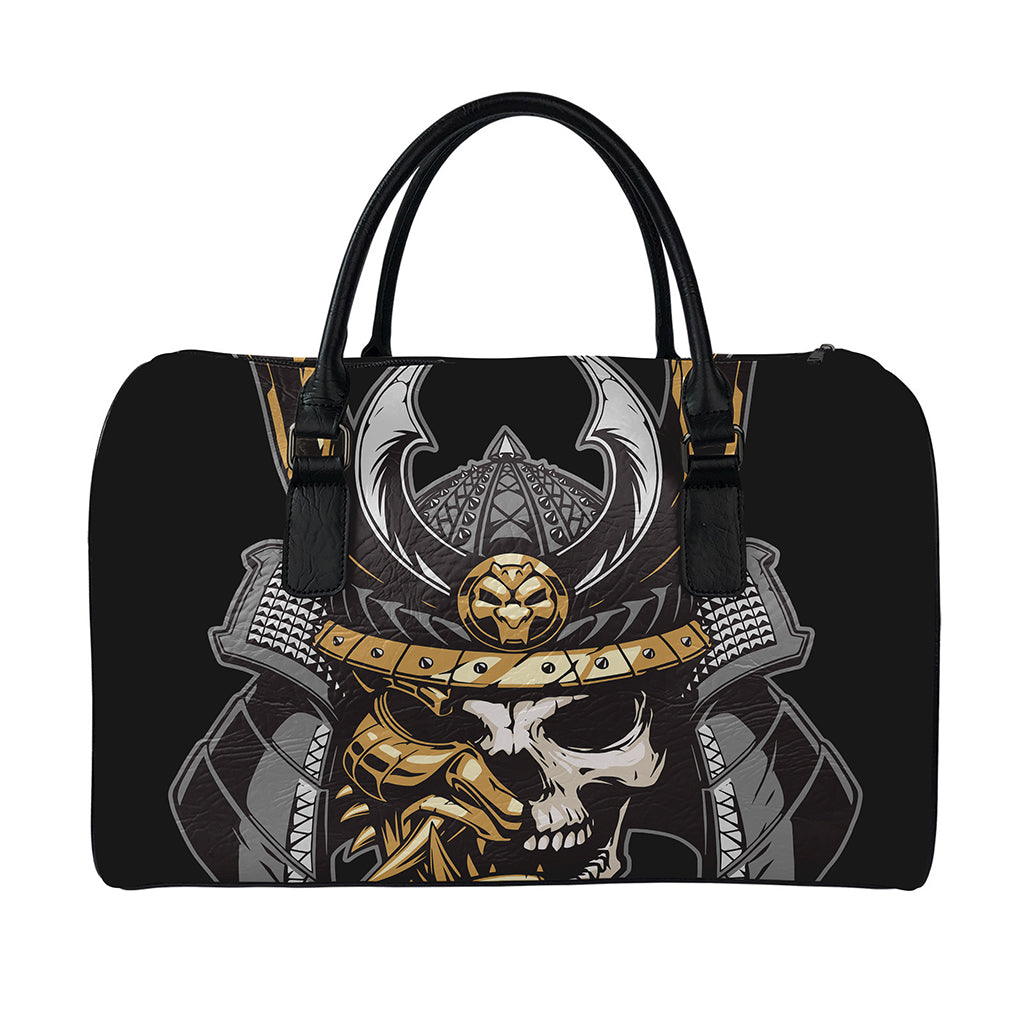 Black Samurai Skull Print Leather Duffle Bag