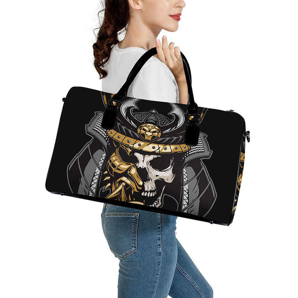 Black Samurai Skull Print Leather Duffle Bag