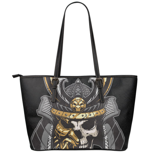 Black Samurai Skull Print Leather Tote Bag