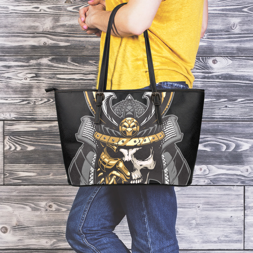 Black Samurai Skull Print Leather Tote Bag