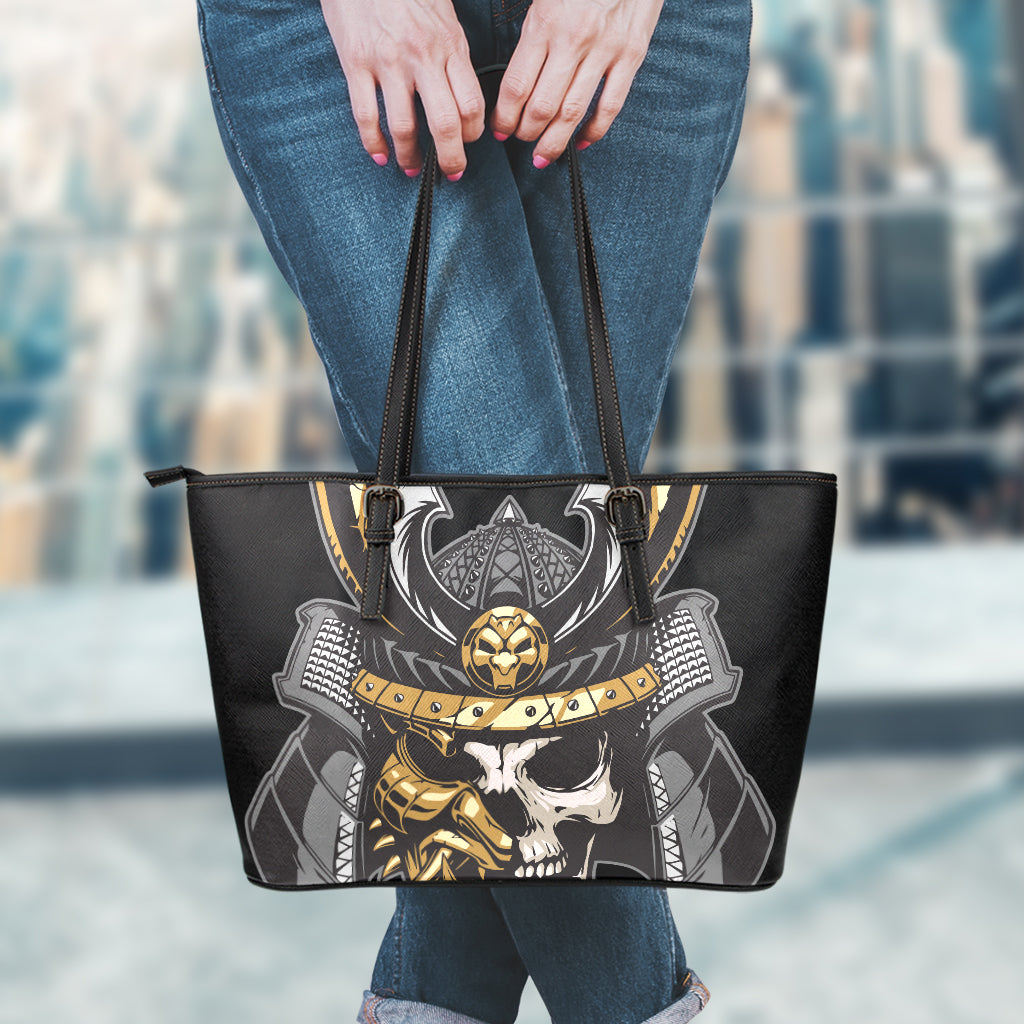 Black Samurai Skull Print Leather Tote Bag