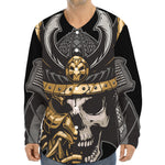 Black Samurai Skull Print Long Sleeve Baseball Jersey