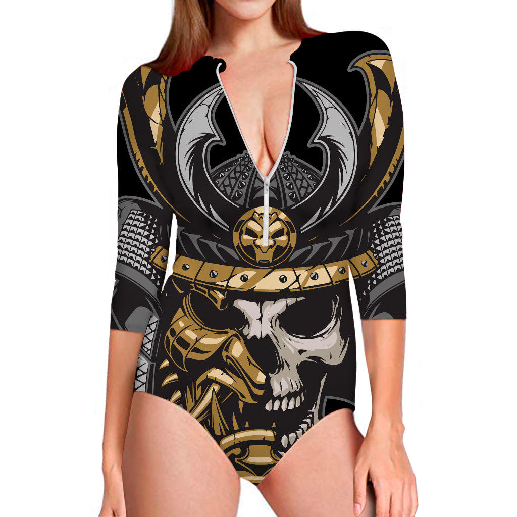 Black Samurai Skull Print Long Sleeve Swimsuit