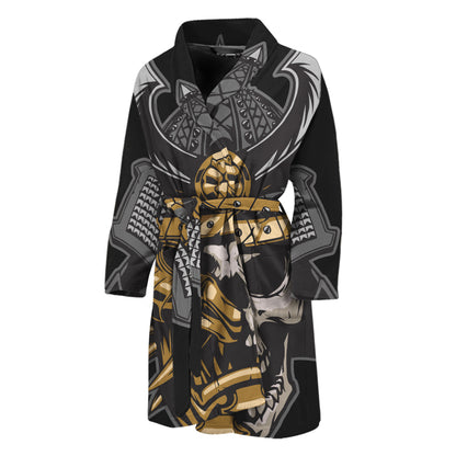 Black Samurai Skull Print Men's Bathrobe