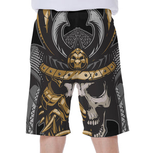 Black Samurai Skull Print Men's Beach Shorts