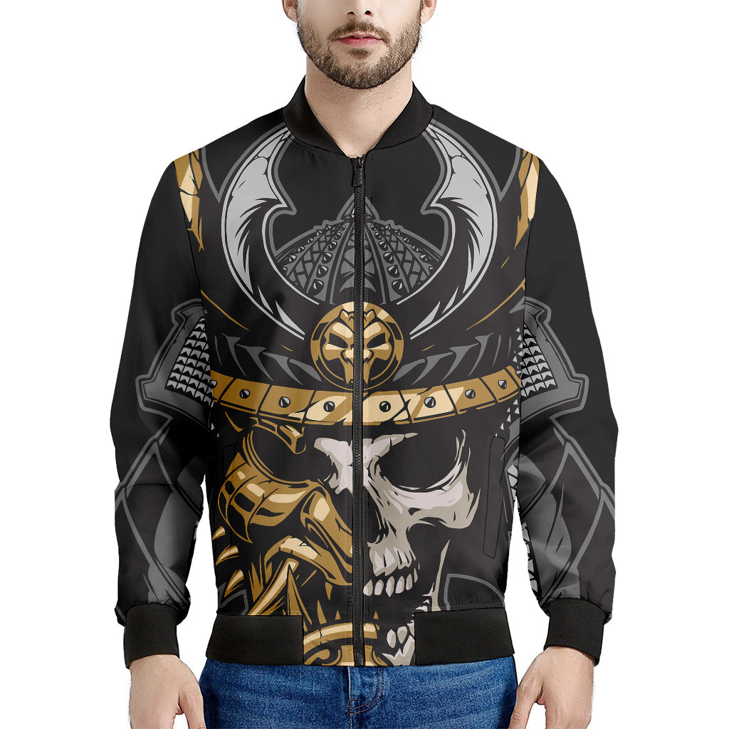 Black Samurai Skull Print Men's Bomber Jacket